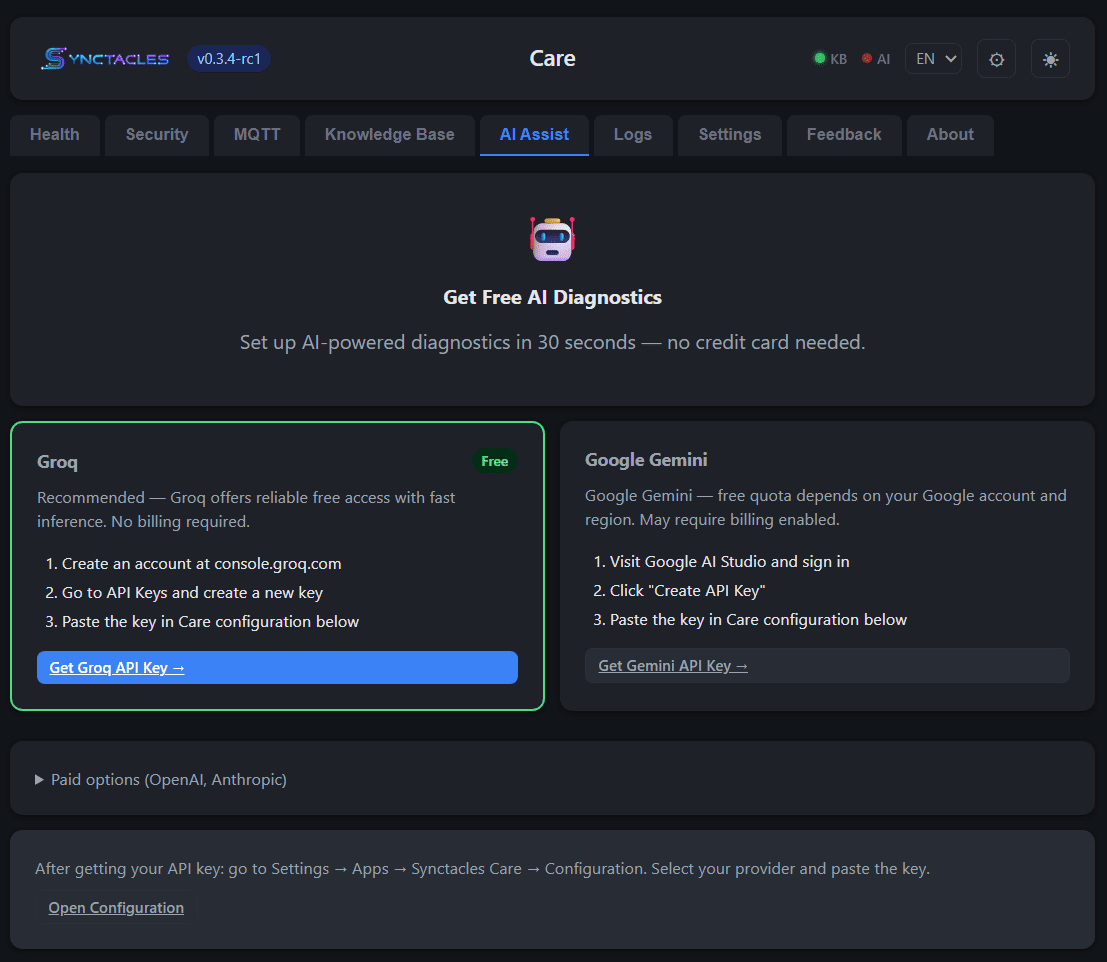 Care AI setup with free Groq and Gemini options